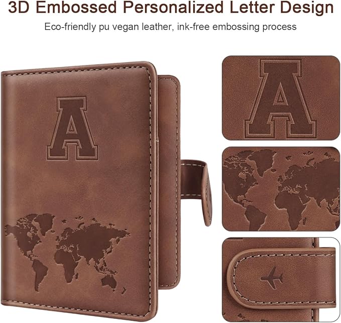 Passport Holder Wallet Cover Personalized Initial Travel Essentials | Embossed Letter A-Z Design, Travel Wallets, RFID Blocking, Passport Book Holders, Women Men, Personalized Gifts, Brown-A