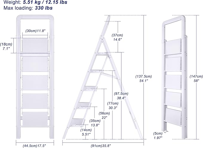 Step Ladders Folding 5-Step White Finish Aluminum Foldable Step Stool,Anti-Slip Portable Sturdy for Home & Kitchen Office 330 lbs