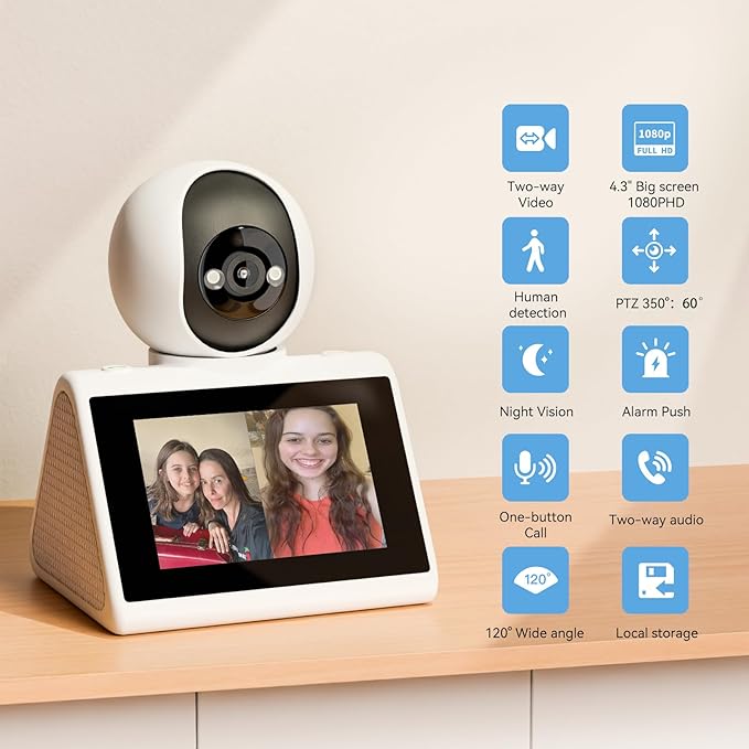 Home Security Camera with 4.3" Screen, Two Way Video Call Function for Elderly, Baby and Pets, 1080P HD with Motion Detection