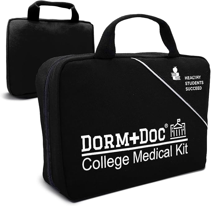 College First Aid Kit – Compact Emergency Medical Kit for Dorm Rooms, School, Sports – with Bandages, OTC Medicines for Relief, Gauze, Quick Care Set – Portable Health Kit - 175 PCS, Black