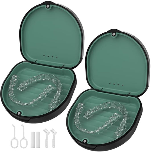 2 Pack Retainer Case, Slim Aligner Case with Vent Holes and Silicone Liner, Compatible with Invisalign, Includes Removal Tool, Brush, Chews, Black