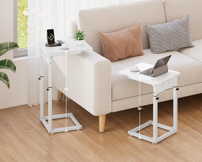 C Shaped End Table with Charging Station, C Table End Table Adjustable Height Sofa Table, Side Table for Couch, Couch Table that Slide Under, TV Tray Arm Table for Living Room,Bedroom, White