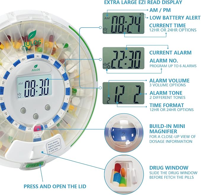 JULOS 28-Day Automatic Pill Dispenser for Seniors with Alarm | Flashing Light & Loud Alert, Key Lock Security, Up to 6 Daily Doses, Medication Reminder for Seniors, Dementia & Caregivers