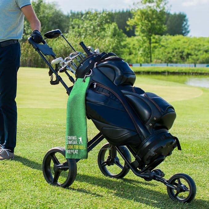 Swing Swear Look for Embroidered Green Golf Towel, Funny Towels for Golf Bags with Clip, Retirement Birthday Gifts for Grandpa Grandma Dad Golfer GolfLover, Golf Accessories for Men Women