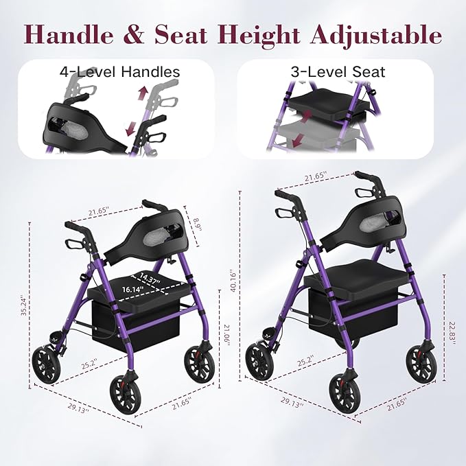 Walkers for Seniors, Foldable Rollator Walker with Seat, 8" Big Wheels, Lightweight Rollator Walker with Ergonomic Backrest, Adjustable Handles and Seat Height, 310 Lbs Weight Capacity, Purple