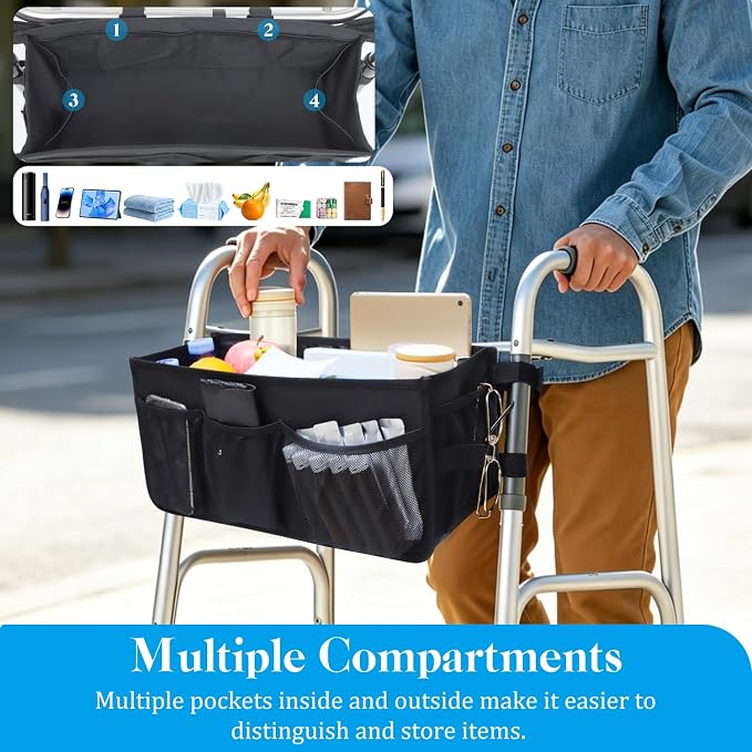 Walker Basket for Seniors, Walker Storage Bag with Reinforced Tray | Large Capacity Walkers Organizer, Multi Pockets, Stable Walker Accessories for Reading Eating Daily Essentials