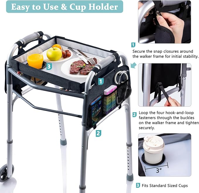 BAGSFY Upgraded Clear View Walker Tray for Seniors– Universal Folding Walker Table with Cup Holder & Side Pocket | Hard Top Lightweight Walker Accessory, Tool-Free Installation, Fits Most Walkers