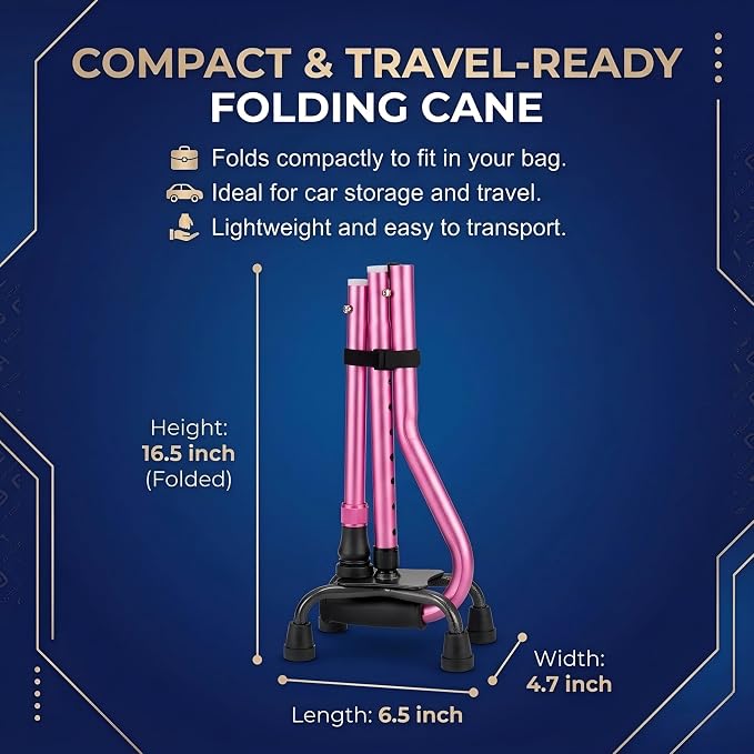PARLORA Walking Cane 4 Prong for Stability - 3-in-1 Foldable Heavy Duty Cane with Interchangeable Quad & Single Bases, 8 Adjustable Heights, Offset Handle & Wrist Strap for Women, Men & Seniors