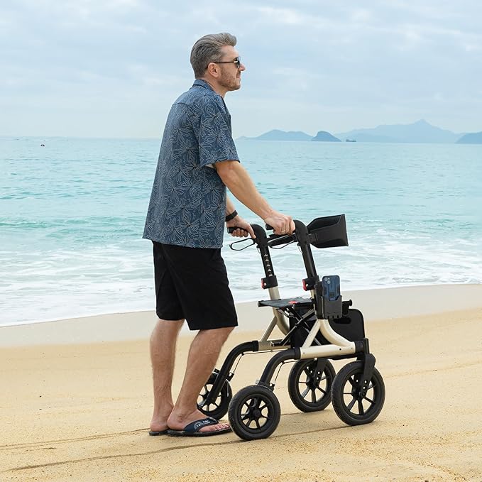 Walkers for Seniors, Rollator Walker with Seat, 12" Big Rubber Wheels All Terrain Rollator Walker with Backrest, Built-in Cable, Cup Holder, Foldable and Height Adjustment for Seniors, Gold