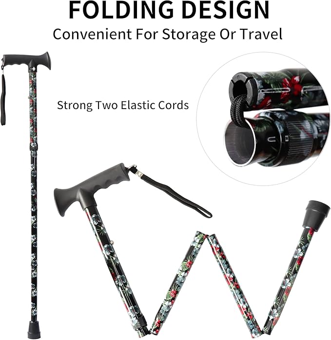 Walking Cane for Men and Women, Foldable Floral Lightweight Adjustable Portable for Folding Canes, Comfortable T-Handle for Seniors Adults