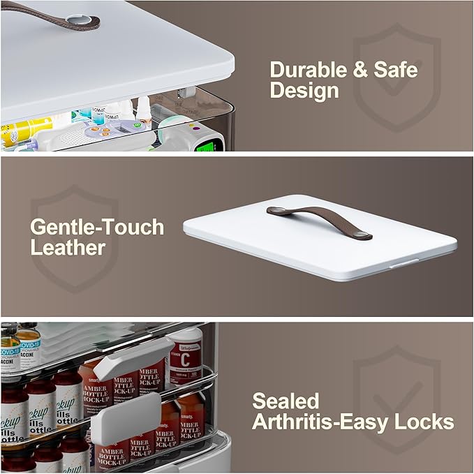 CTIME 4-Tier XL Medicine Organizer with Leather Handle - Portable Pill Case & Empty First Aid Kit for Home, Travel, RV, School, Dorm | Ideal Elderly Gift