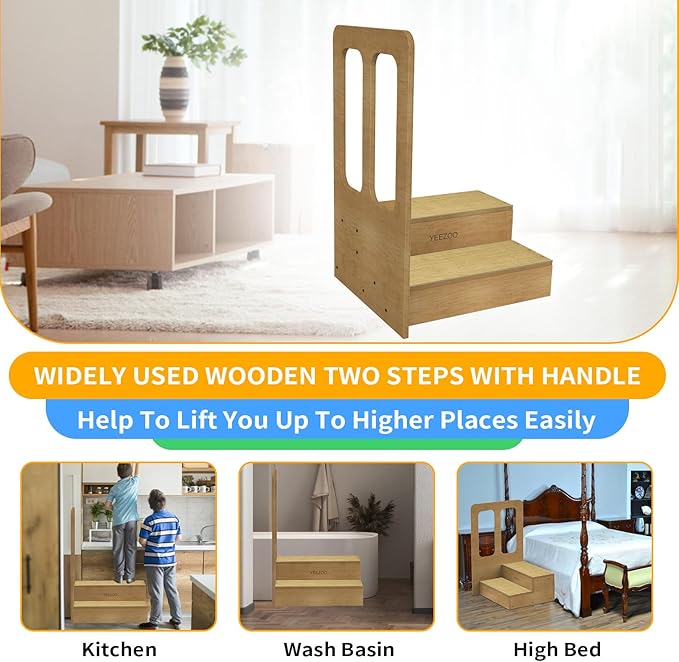 Wooden Two Steps with Handle, Large 2 Steps Stool for high Bed, Solid Wood 2 Steps to get in& Out of Bed Easily for Elderly(25.4" L*11.0" H)