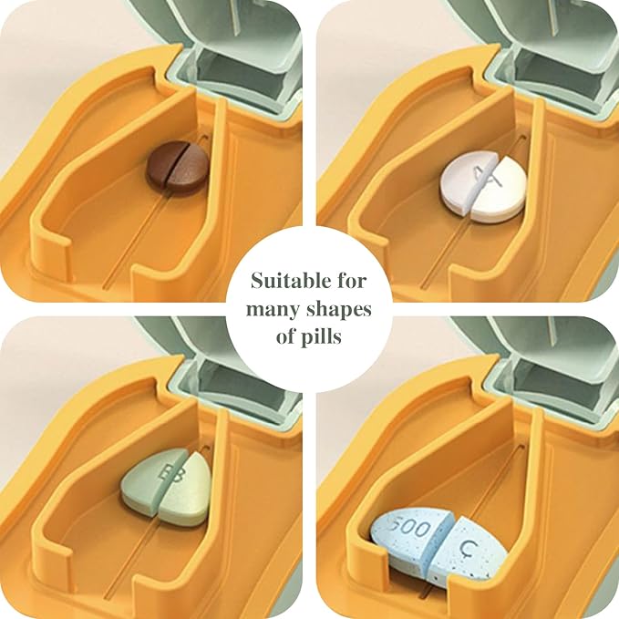 Pill Cutter Splitter for Small and Tiny Pills - Pill Cutter 1/4 - Accurately Cuts Multiple Pills - Easy Open Snap Button. Detachable V-Shaped Pad. Wrap-Around Blade Guard. Back Storage (Beige)