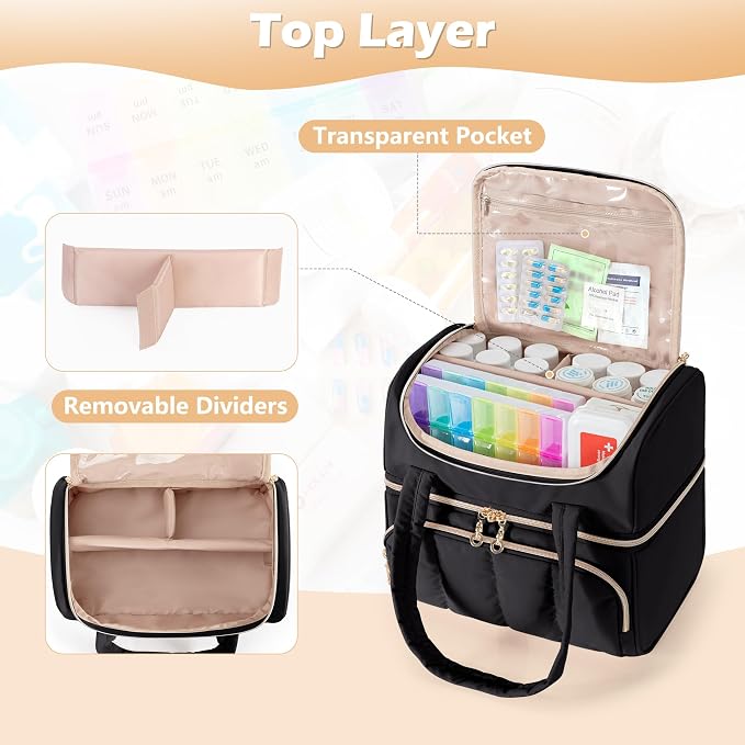 Damero Double Layers Medicine Bottle Organizer, Lockable Pill Bottle Organizer Medicine Bag with Lockable Zipper and Detachable Dividers for Medication, Vitamins or Medical Supplements, Black