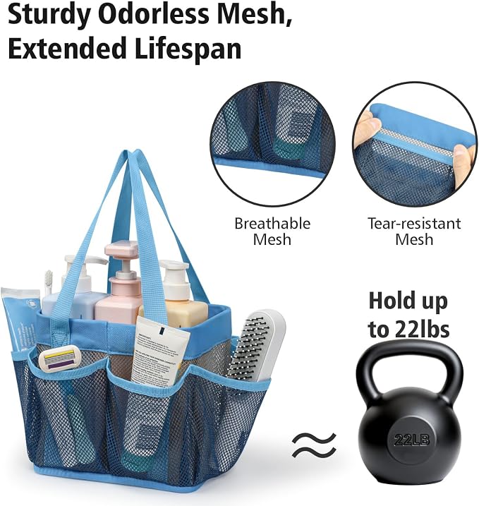 F-color Mesh Shower Caddy Portable - Stand Up 8 Pockets for Dorm, Blue | Stand Up Frame, S Hook, Collapsible Organizer, Mesh Shower Bag Bathroom Tote for College Dorm, Camping, Gym, Travel