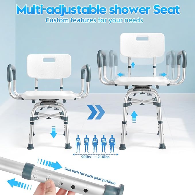 Swivel Shower Chair for Inside Shower with Arms and Back 500 lbs Heavy Duty Rotating Shower Seat for Bathtub Fully Adjustable Safety Bath Chair for Elderly Adults Disabled and Bariatric