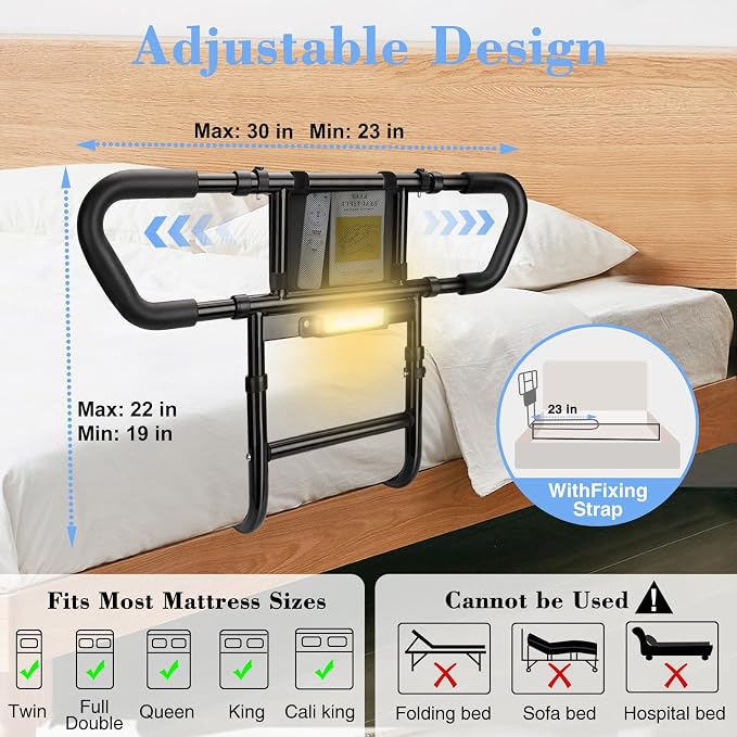 Bed Rails for Elderly Adults Safety: Adjustable Bedside Assist Rails with Storage Pockets, Non-Slip Handles, Items for Elderly Bed Rail, 400LB Gravity Capacity Black