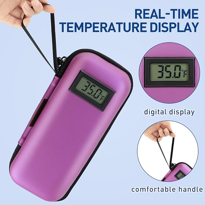 Insulin Cooler Travel Case, Portable Temperature Display Medicine Travel Cooler, Diabetes Case with 2 Reusable Ice Packs TSA Approved for Diabetic Supplies Patent Pending(Purple)