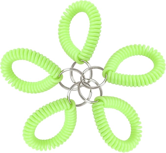 Lucky Line 2” Spiral Wrist Coil with Steel Key Ring, Flexible Wrist Band Key Chain Bracelet, Stretches To 12”, Neon Green, 5 Pack (4104605)