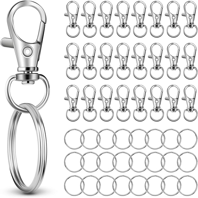 50 PCS in 25 Sets, Metal Swivel Lobster Claw Clasps, Keychain Clip with Large Key Ring, Premium Keychains Clips, Snap Hooks and Sturdy Key Rings, for Key Chain Making Kit，HnoaTovy (Silver)