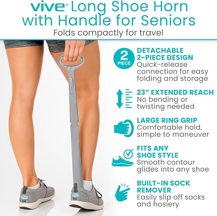 Vive Long Shoehorn for Seniors with Handle 23" | Sock Remover, Long Handled for Men & Women, Boot Shoe Helper and Sock Aid, Extra Reach, Patent-Pending Foldable
