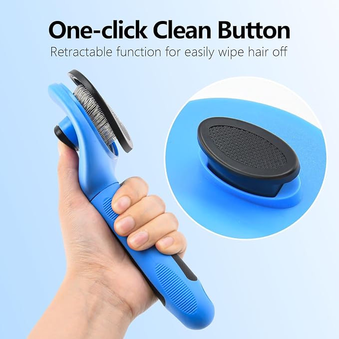 Self Cleaning Slicker Brush for Dogs & Cats, Deshedding Tool with Ergonomic Non-Slip Handle, One Button Hair Removal, Blue