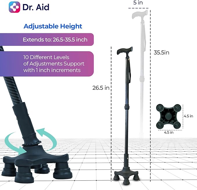 Dr. Aid Tripod and fourpod Walking Cane for Men & Women Premium Carbon Fiber Black Cane Adjustable Heavy-Duty 3 or 4-pronged Walking Stick for Seniors, Supports 400 lbs