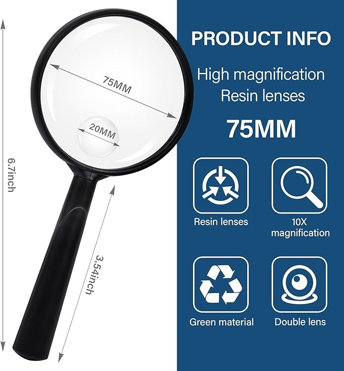 Feosky Handheld Reading Magnifier, 10X Magnifier, 75mm Shatterproof Lens, Adults Close Work Non-Slip Handle for Seniors Reading and Nature Exploration(Black)