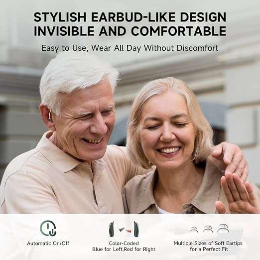 RIC OTC Bluetooth Rechargeable Hearing Aids for Seniors, AI Adaptive Noise Reduction, Smart App Control, Lightweight Comfort RIC Design with Charging Case
