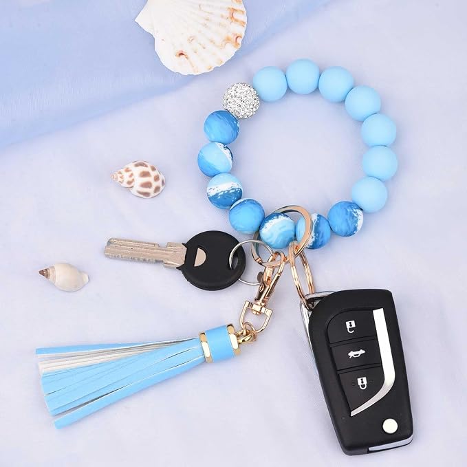 BAOSIWA Silicone Beaded Bracelet Keychain Wristlet Key Ring Bangle Chains for Women with Leather Tassel