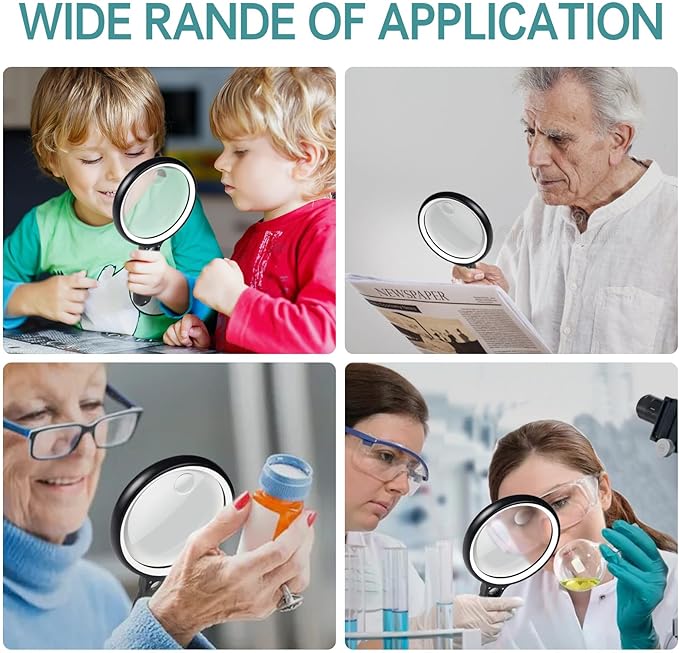 Large Magnifying Glass with 37 LED Light and Case, 10X 20X 45X Handheld Illuminated Lighted Magnifier with 3 Light Modes Rechargeable Magnifying Glass for Seniors Reading, Inspection (Black & White)