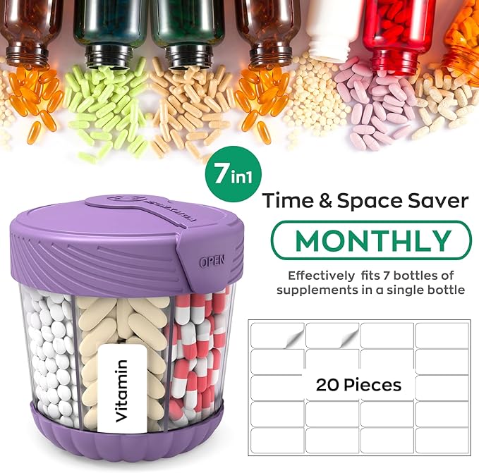 Pill Dispenser with 7 Large Compartments, Portable Pill Bottle Organizer for Travel, Anti-Mixing Supplement Organizer Easy Twist Wide-Opening, BPA-Free Pill Container with 20Pcs Labels,Purple