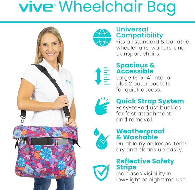 Vive XL Wheelchair Bag - Waterproof, Scratch-Resistant, Double-Stitched, Machine Washable Accessory for Adults, Seniors, 15 Colors - Storage Walker Backpack to Hang on Back of Wheel Chair