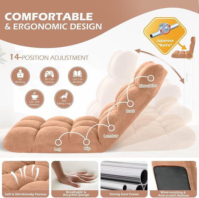 Folding Floor Gaming Chair 14-Poistion Cushioned Adjustable Floor Lazy Sofa Chair w/Breathable Cotton & Skin-Friendly Flannel for Adults & Kids Perfect for Reading Gaming Meditating, Camel