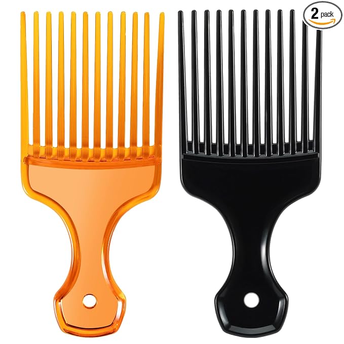 SIMPOR 2 Pcs Hair Pick Comb Wide Tooth Lift for Hair Styling Detangling, Plastic Afro Pick for Women Men, Fist Picks for Curly and Afro Hair (Clear Orange, Black)