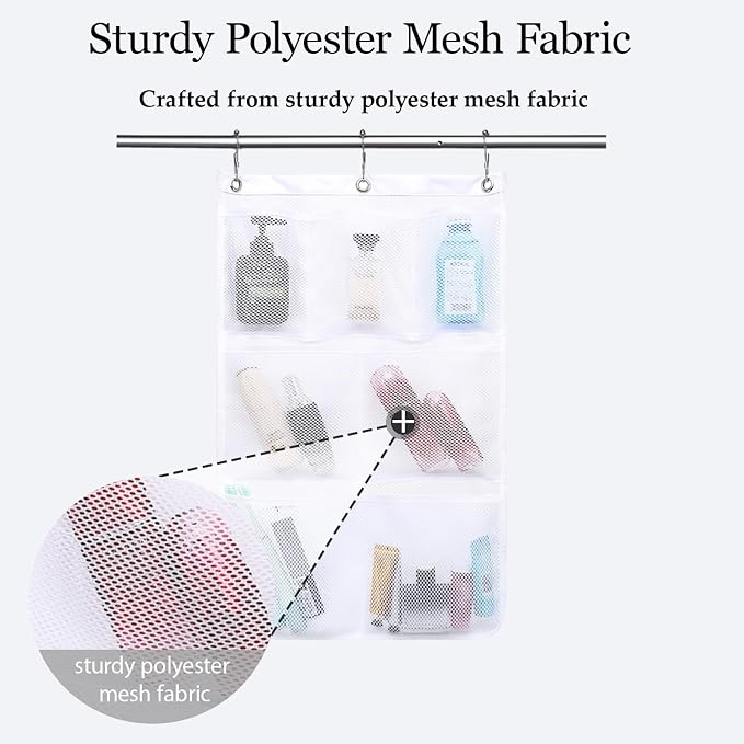 GYEUKHAM Mesh Shower Caddy Hanging Organizer with 7 Pockets and Hooks, Portable Quick Dry Bathroom Storage for College Dorm, Cruise, RV, Gym, Travel Toiletry Bag, White, 2 Pack