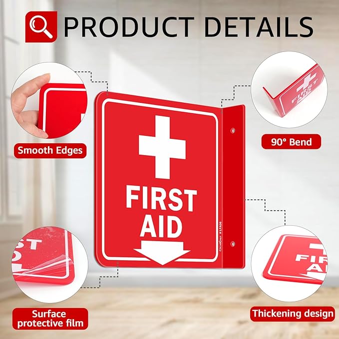 GicnKeuz First Aid Sign, 6" x 6" First Aid with Cross Symbol, Two-Sided Acrylic L-Sign for Business or Office or Wall Décor, Including Screws, Easy to Install (2 Pack)