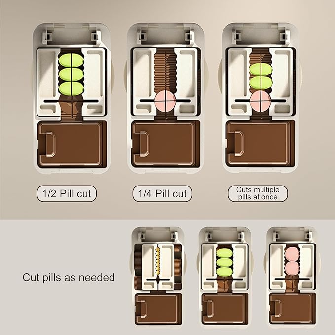 Pill Splitter for Large, Small, and Tiny Pills, 1/2 and 1/4 Portable and Adjustable Tablet Cutter with Hidden Blade,Cut Multiple Tablets with Storage Space (Brown)