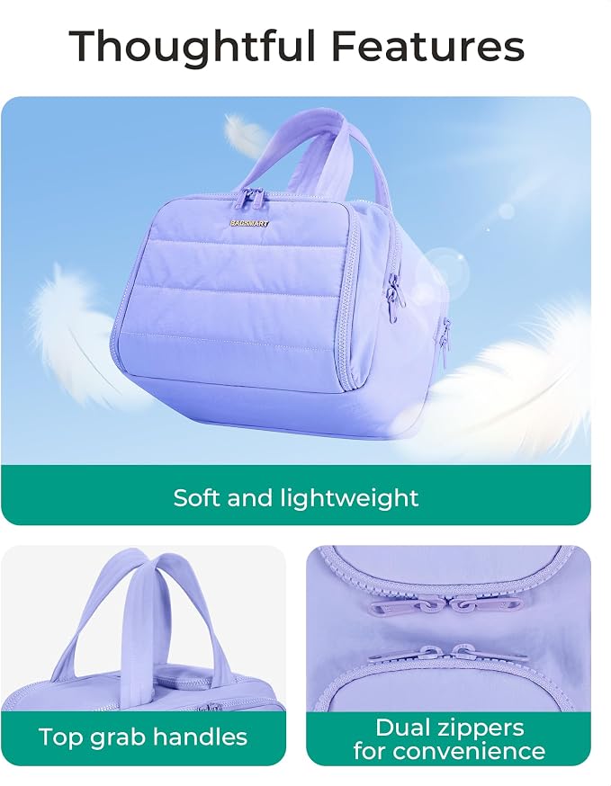BAGSMART Travel Toiletry Bag, Crush Toiletry Bag for Women, Wide-open Puffy Toiletry Bags for Traveling, Large Travel Cosmetic Makeup Bag Organizer for Accessories,Toiletrie, Purple