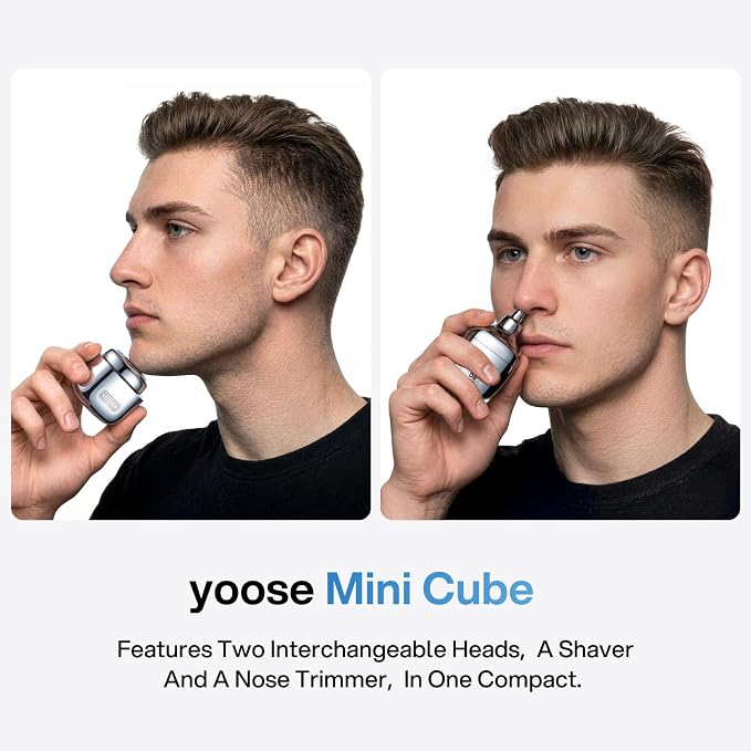 yoose 2-in-1 Grooming Tool for Men – Mini Electric Shaver & Nose Hair Trimmer, Alloy Unibody, Compact & Travel Ready, IPX7 Waterproof, USB-C Rechargeable for Quick Touch-Ups, Silver