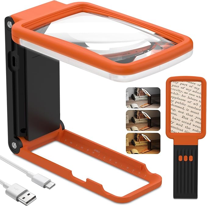 15X Magnifying Glass with Light and Stand, Real Glass Lens, Rechargeable Foldable Handheld Magnifier, 3 Color Modes Dimmable Lighted Page Magnifier for Reading Fine Prints Seniors, Orange Black