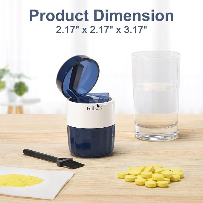 Fullicon 3 in 1 Pill Crusher Fine Powder with Stainless Steel Grinding Head, Pill Grinder for Elderly & Pet, Pill Cutter Splitter with Storage, Triturador de Pastillas with Free Brush (Indigo)