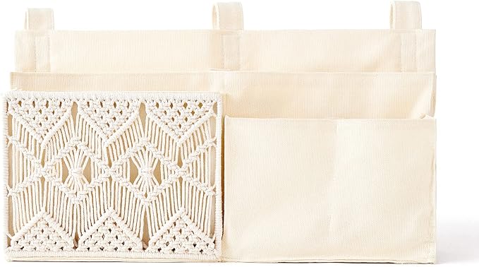 Mkono Bedside Caddy, Macrame Bunk Bed Hanging Organizer, 7 Pockets Ivory | Dorm Room Essentials, Boho Storage Bag, Remote Books Magazines Phone Snacks Drinks Holder, Bedroom Nursery Loft Baby Bed Rail