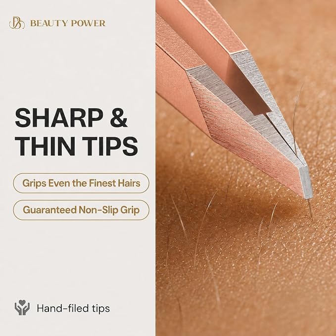 Beauty Power Slant Tip Precision Tweezers - Stainless Steel Eyebrow Tweezers for Women & Men - Precision Tweezers for Facial Hair, Ingrown Hair & Brow Shaping - Professional Beauty Tool (Rose Gold)