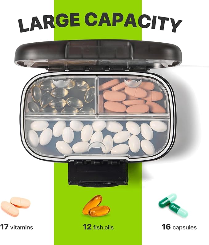 Sukuos Travel Pill Organizer Weekly with Double Lock, Portable Pill Box with Large 7 Compartment, Airtight Daily Medicine Case Container with Labels for Vitamins/Fish Oils/Supplements