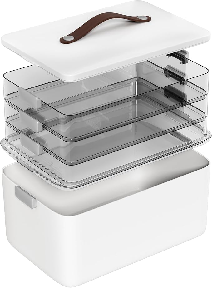 MOPALL 4-Tier Medicine Organizer Storage Box, Portable Latch Bin with Lid and Leather Handle, Cabinet Closet Organization for Home Office, Pill Bottle, First Aid, Sewing, Art, Craft