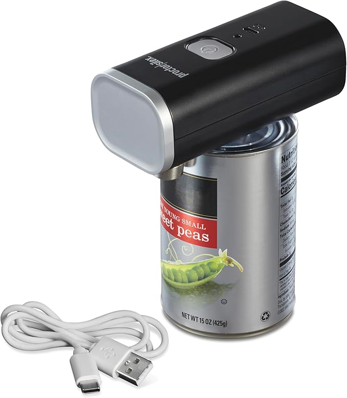 Proctor Silex Automatic Electric Can Opener, Hands Free Cordless Operation & USB Rechargeable, Self-Aligning, Cut Smooth Touch Lid Edges, Compact and Easy to Store, Black