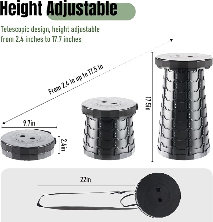 Doseno Collapsible Stool 2 Pack, Upgraded Foldable Stool, Portable, Black | Portable collapsible stool for outdoor fishing, hiking, BBQ and parties. Retractable stool with thickened PP, 2.4-17.5 in.