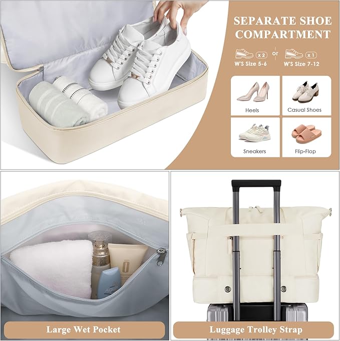 Gym Bag for Women, Personal Item Travel Bag with Shoes Compartment, Weekender Overnight Duffel Bag with Wet Pocket, Carry On Bag for Women, Travel, Gym, Weekend (Beige)