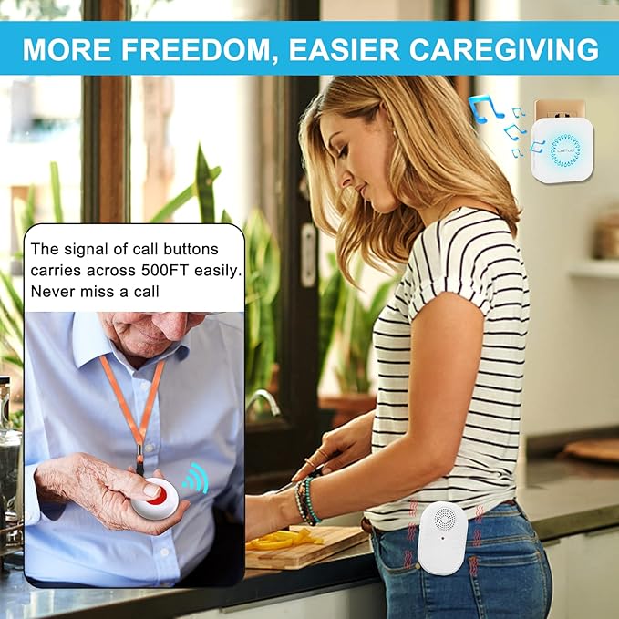 CallToU Wireless Caregiver Pager Call Button for Hard of Hearing Waterproof 500+ FT Nurse Alert System Elderly Monitoring Patient/Seniors 3 Panic Button 1 Plug-in 1 Vibration Receiver